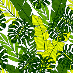 Trend seamless tropical pattern with bright green and yellow plants and leaves on a light background. Exotic tropics. Summer. Colorful stylish floral. Beautiful print with hand drawn exotic plants.