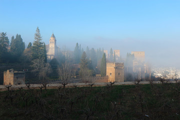 panoramic view of the Alhambra in the winter morning haze