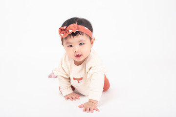 Adorable Asian baby girl is portrait on white background