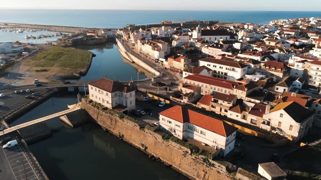 Aerial View of Peniche, coastal city in Portugal known for its long beaches. Drone video