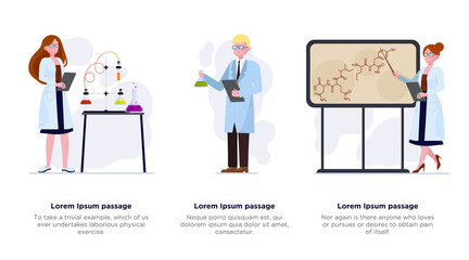 Scientists presenting research results set. Presentation of molecule structure, chemical reaction flat vector illustration. Science, study concept for banner, website design or landing web page
