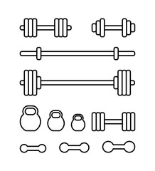 Set of sports equipment for gym. Barbell, kettlebell, barbell bar and dumbbell in linear style isolated on white background. Barbell icons set for web design. Sports equipment in a modern simple flat 