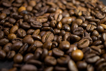 Dark background and texture of coffee beans, selective focus, closeup grains.