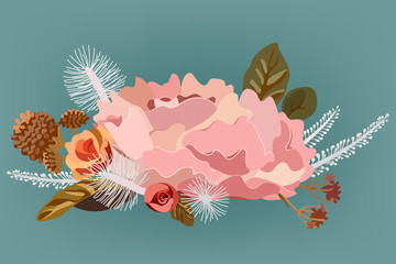 Fototapeta na wymiar beautiful vector of pink flower bouquet decorate wtih Pine cones ,rose flower green leaf