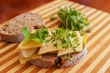 Sandwich with cheese and fresh sprouts of garden cress