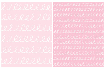 Set of 2 Simple Abstract Geometric Vector Patterns. Irregular White Brush Loops Isolated on a Pink Background. White Hand Drawn Lines on a Pink Layout. Funny Striped Print for Fabric, Textile. 