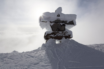 Whistler, British Columbia, Canada. Beautiful View of Statue on top of Blackcomb Mountain with the...