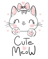 Kitten and pink bow, Cat Print for children. textile design trend. Vector illustration. Hand drawn cute cartoon character. Paw print.
