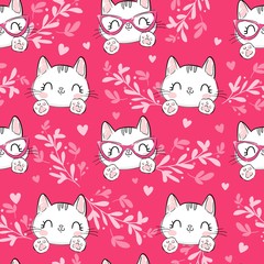 Cats on a pink background with floral ornament and hearts. Print design for textiles. Seamless vector illustration.