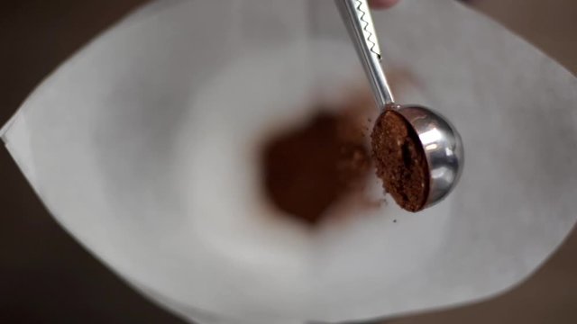 Slow motion coffee falling into comics paper filter
