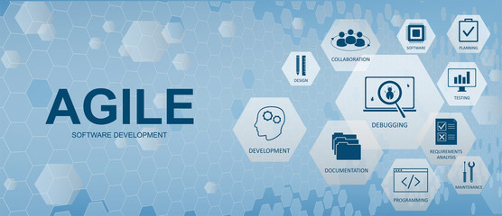 Agile Software Development - vector web banner with icons and conceptual aspects (development, documentation, programming, design, debugging, testing, software and other). Vector illustration