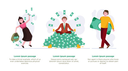 People getting profit set. Heap of money, sack with cash, stack of banknotes flat vector illustration. Finance business success, investment concept for banner, website design or landing web page