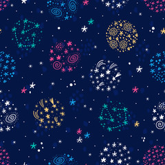 Space Seamless Vector Pattern with Doodle Planet and Stars. Cartoon Colorful Space Background with Abstract Fantasy Planets with Starry Pattern. Magic Wallpaper for Kids