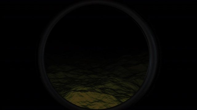 Looking out a submarine porthole window as it moves forward deep underwater near the ocean floor.