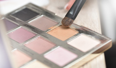 Makeup artist brush next to makeup palette. The concept of beauty and health