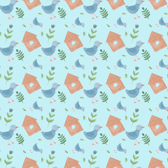 Spring seamless pattern. Birds, birdhouse, plants on a blue  background. Drawn in watercolor by hand. Design for fabric, wallpaper, napkins, textiles, packaging, backgrounds.