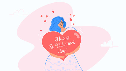 Beautiful smiling woman hugging heart symbol as Valentines greeting card