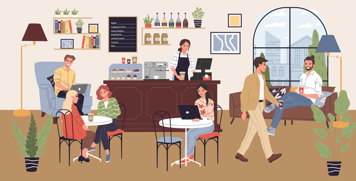 Coffee shop vector illustration. People drinking coffee at tables, using computers. Modern cafe interior image for barista job, coworking concept
