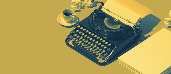 Vintage typewriter and crumpled paper on the blogger desk