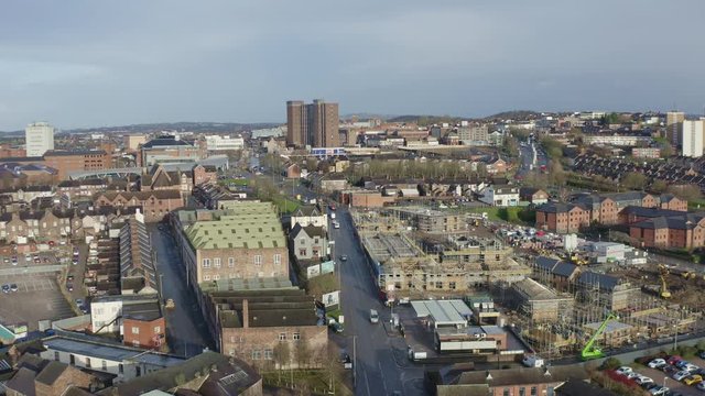 Aerial overhead views of Victoria road in Stoke on Trent, Vicky road, a poor area leading to the city centre of Hanley, always busy with traffic due to over population and poor city planning, traffic
