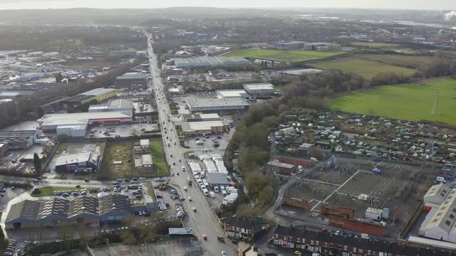 Aerial overhead views of Victoria road in Stoke on Trent, Vicky road, a poor area leading to the city centre of Hanley, always busy with traffic due to over population and poor city planning, traffic