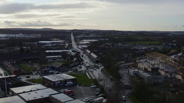 Aerial overhead views of Victoria road in Stoke on Trent, Vicky road, a poor area leading to the city centre of Hanley, always busy with traffic due to over population and poor city planning, traffic