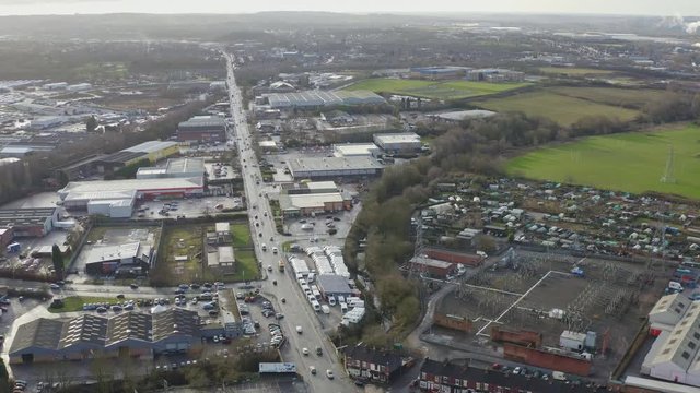 Aerial overhead views of Victoria road in Stoke on Trent, Vicky road, a poor area leading to the city centre of Hanley, always busy with traffic due to over population and poor city planning, traffic