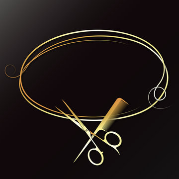 Hair stylist scissors and comb golden curls hair silhouette for beauty salon