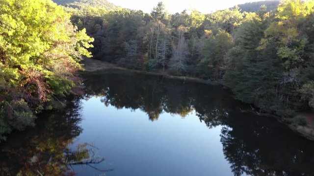 Aerial Flyover Lake In Forest. Blue Ridge Mountains North Georgia