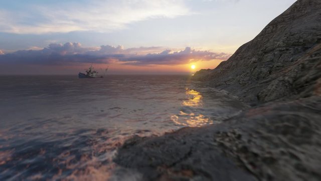A sinking vessel nearby a rocky shore at sunset, 4K
