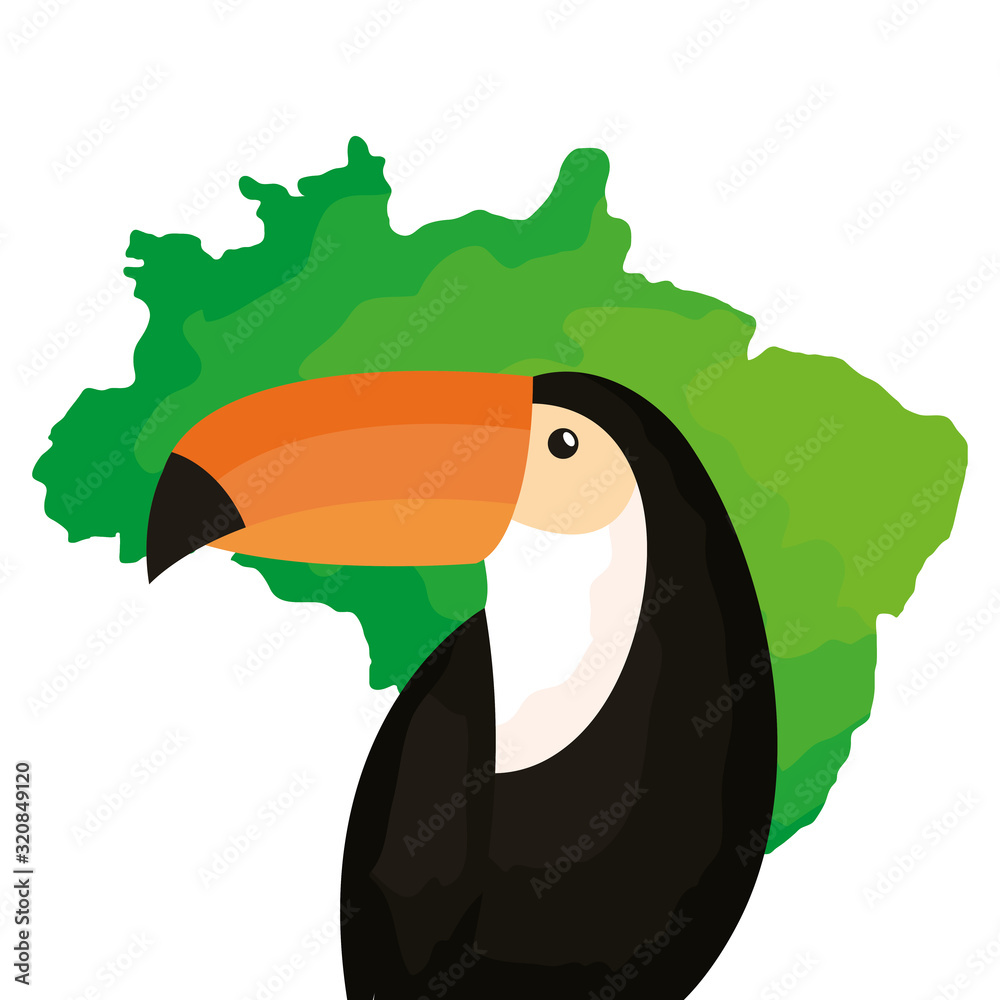 Poster toucan animal exotic with map of brazil vector illustration design