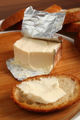 Processed cheese and bread. Breakfast. Appetizer series.
