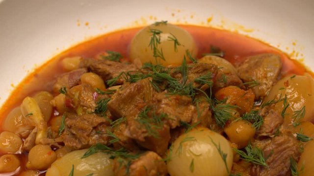 Turkish Tas Kebab Stew Served in a White Bowl