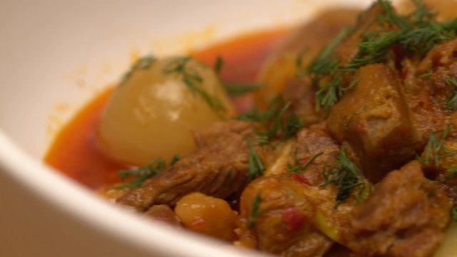Close Up of Tas Kebab Stew with Vegetables and Herbs