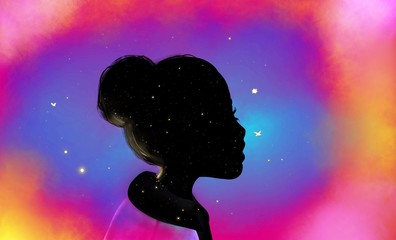 Little girl dreaming at night stars childrens silhouette on night blue moon background dream colorful 