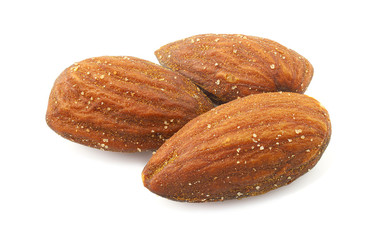 Close up salted almonds isolated on white background with clipping path.