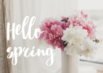 Hello Spring text handwritten on lovely peony bouquet in sunny light on rustic window. Stylish pink and white peonies in vase on wooden background. Spring time