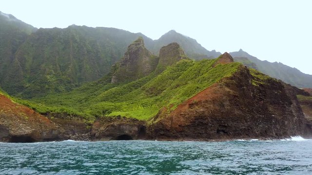 4K Hawaii Kauai Boating on ocean static green valley along shoreline