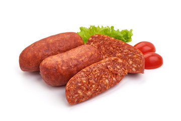 Dried spanish Chorizo sausages, isolated on white background