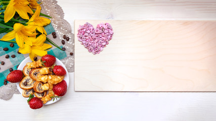 banner Valentine's day flat lay strawberry, heart a Cup of grain black coffee, with yellow flowers and mock up a Valentine's day