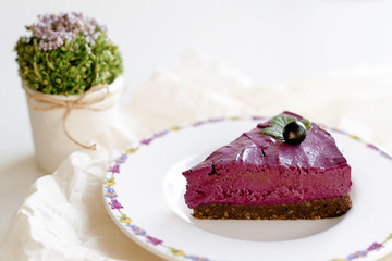  slice of cake with cream and fruits. Black currant cake. Food photo on a white background. High key. Berries and flowers. Raw desserts.