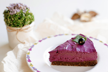  slice of cake with cream and fruits. Black currant cake. Food photo on a white background. High key. Berries and flowers. Raw desserts.