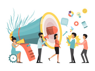 People with megaphone making announcement business promotion, advertising, call through the horn, online alerting vector illustration