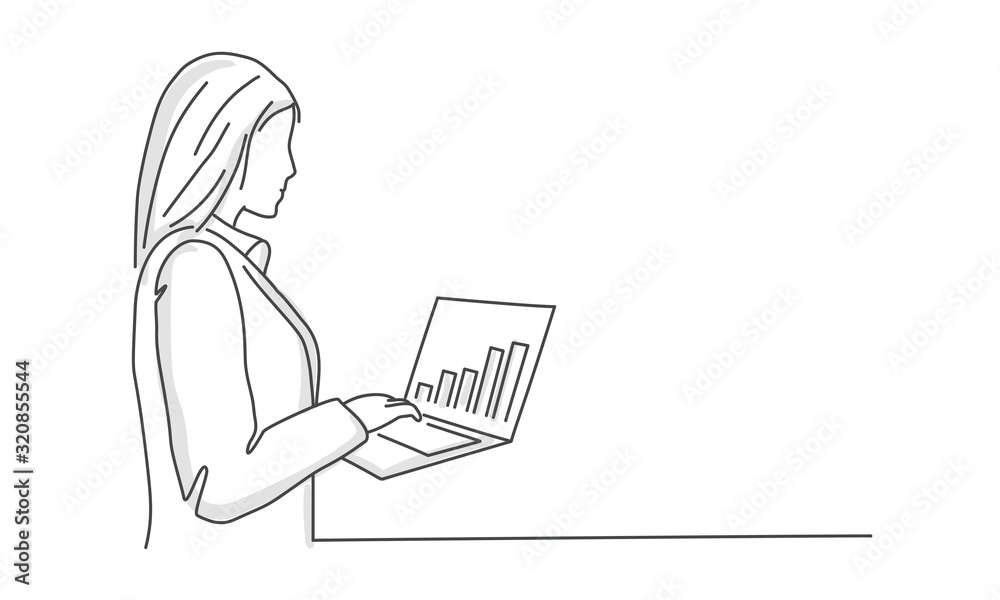 Wall mural Businesswoman analyzing statistics on laptop screen. Line drawing vector illustration.