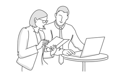 Man and woman discussing work. Line drawing vector illustration.