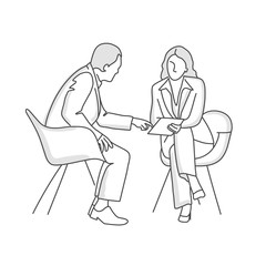 Couple sitting in armchairs. Man pointing at tablet. Line drawing vector illustration.