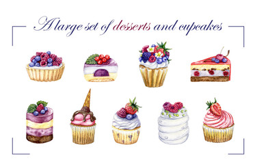 A large set of sweet desserts and cute cupcakes  with