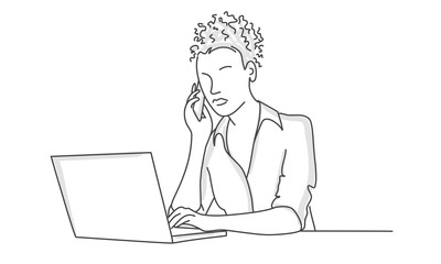 Girl using laptop and and talking on the phone. Line drawing vector illustration.