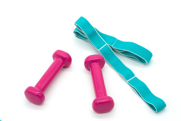 Pink baby dumbbells and turquoise gymnastic elastic band for stretching