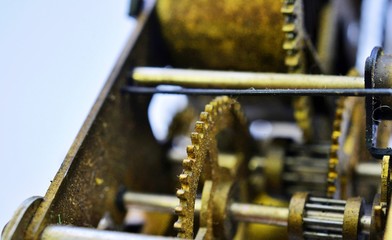 vintage clock mechanism close up shot in studio